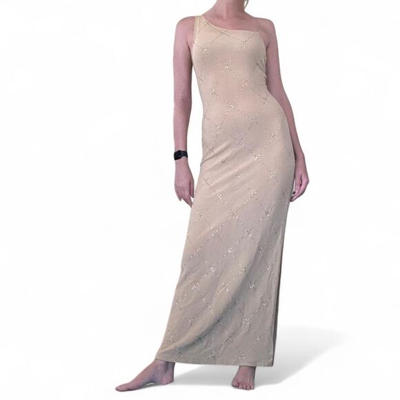Vintage y2k 90s Charlotte Russe Size M Tan Gold Assymetrical Maxi Bodycon Slit - Picture 1 of 7